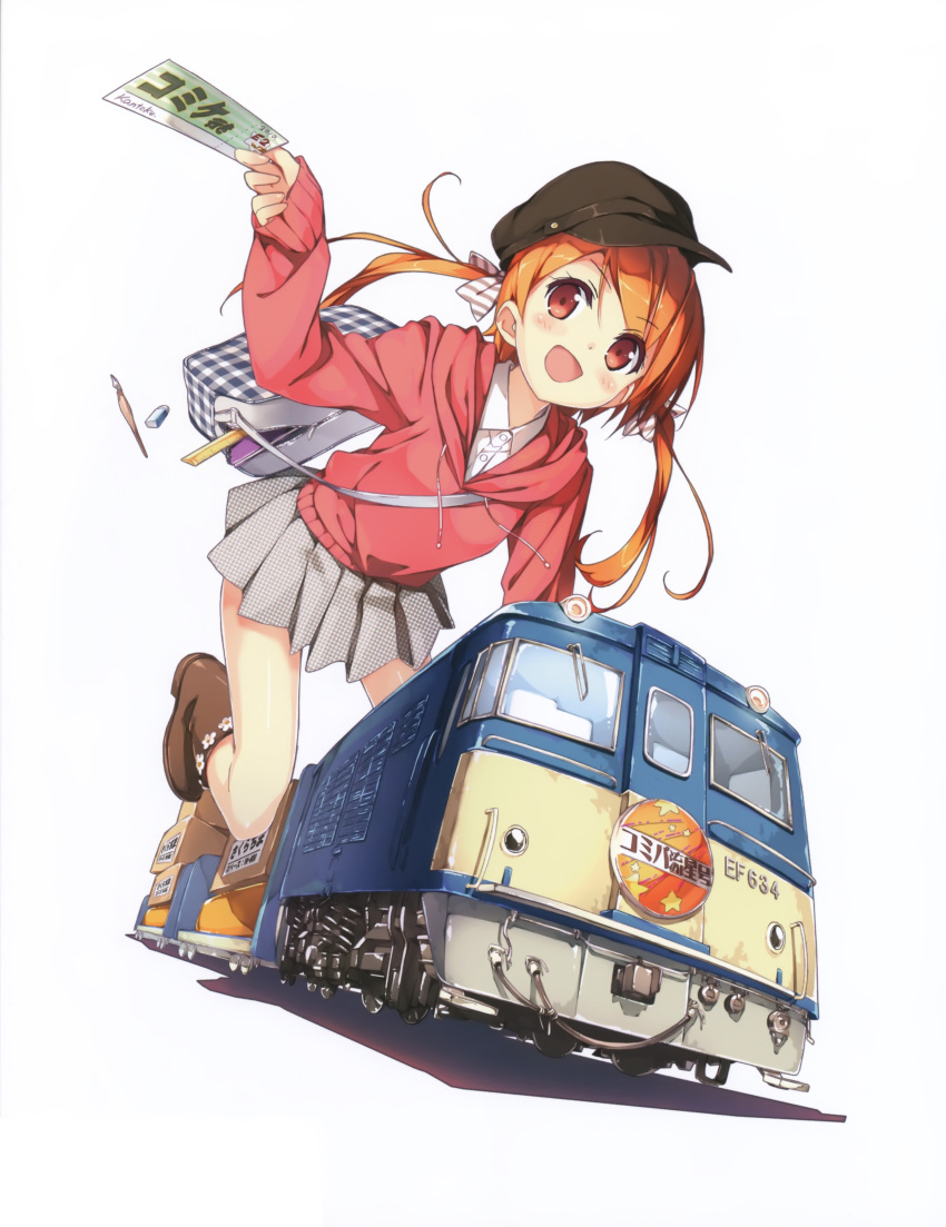 :d absurdres bag blush boots brown_hair character_request eraser happy hat high_res highres holding kantoku kurumi_(kantoku) looking_at_viewer notebook open_mouth original pen pleated_skirt red_eyes ruler scanning_resolution skirt smile solo ticket train twintails
