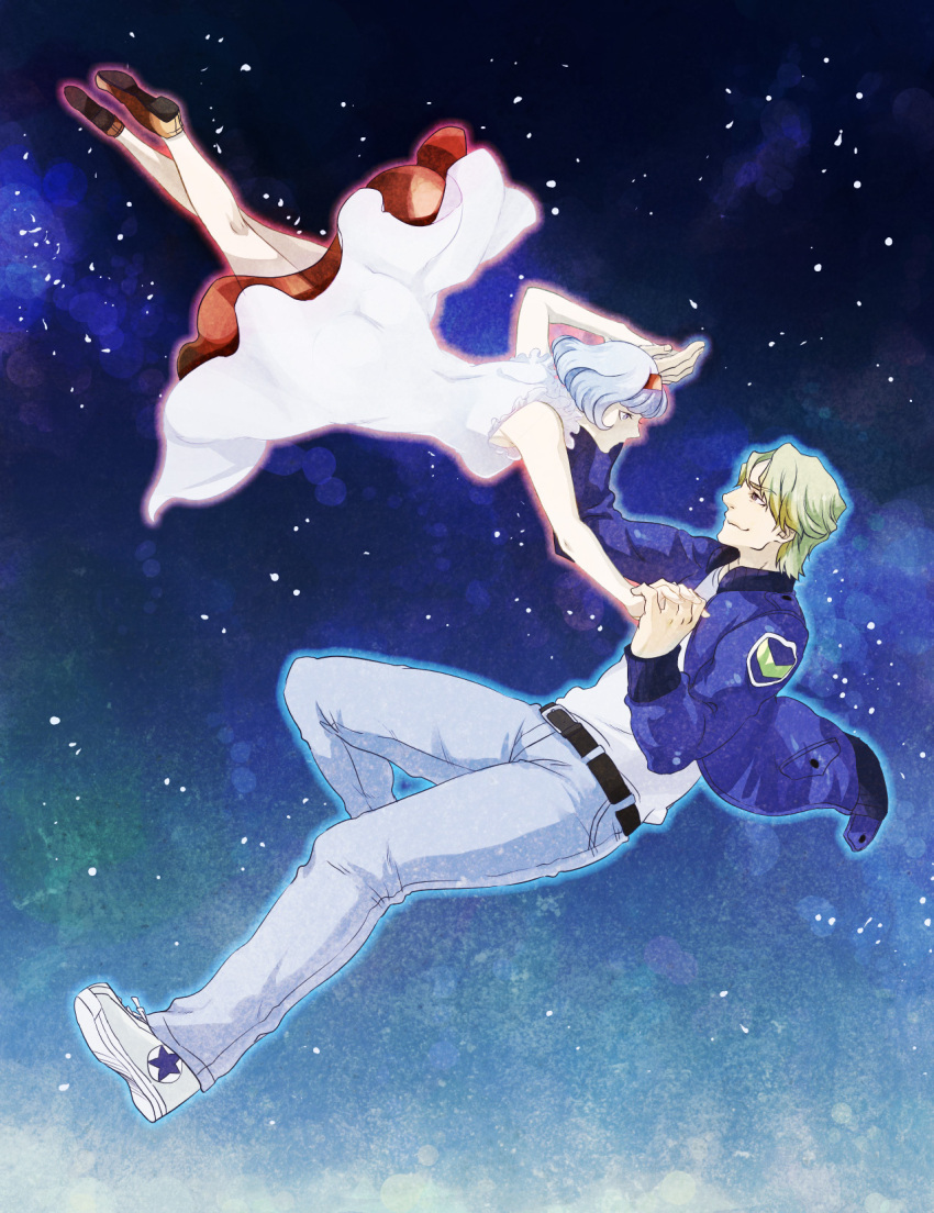1girl aoinekonome bare_shoulders blonde_hair blue_eyes blue_jacket bob_cut bomber_jacket cis_(tiger_&amp;_bunny) couple dress floating glowing hairband highres jacket jeans keith_goodman male night night_sky shoes short_hair sky sneakers tiger_&amp;_bunny white_hair