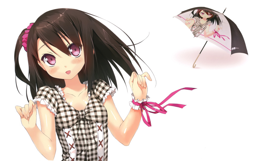 5_nenme_no_houkago black_hair blush bust clavicle collarbone flat_chest high_res highres kantoku long_hair looking_at_viewer original purple_eyes ribbon scrunchie shizuku_(kantoku) side_ponytail simple_background smile solo umbrella violet_eyes wrist_cuffs wrist_ribbon