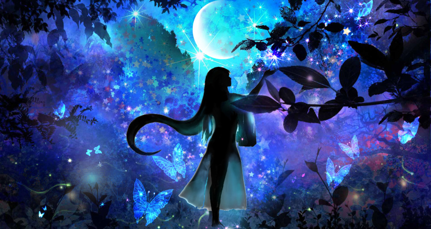 00 1girl backlighting blue branch butterfly crescent_moon dark highres japanese_clothes kimono leaf light_particles long_hair moon nature original profile scenery see-through_silhouette silhouette solo