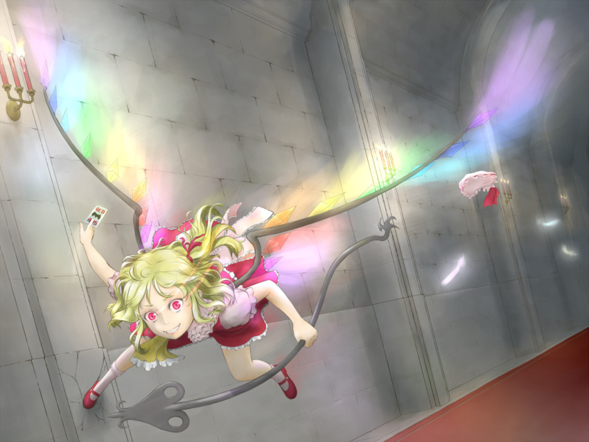 1girl ascot bad_id blonde_hair candle card corridor crack feathers fire flame flandre_scarlet footwear grin hair_ribbon hat hat_removed headwear_removed holding holding_card kitano_(kitanosnowwhite) laevatein light_trail mary_janes motion_blur red_eyes ribbon ribbons shoes short_hair side_ponytail smile socks solo spell_card touhou wall wings