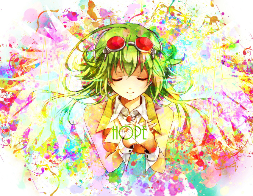 bust closed_eyes goggles green_hair gumi hands_on_chest vocaloid wrist_cuffs