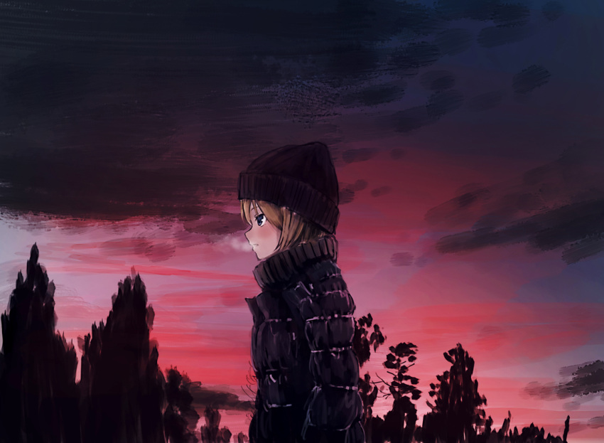1girl beanie black_eyes breath brown_hair coat evening from_side hat long_sleeves looking_away original profile ryokucha_manma short_hair solo winter_clothes winter_coat