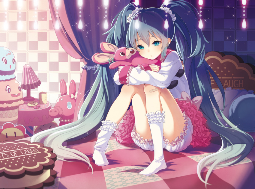 1girl bed bloomers checkered checkered_background copyright_name hatsune_miku long_hair lots_of_laugh_(vocaloid) rabbit scrunchie sheep_sleep sitting socks solo stuffed_animal stuffed_toy twintails underwear very_long_hair vocaloid