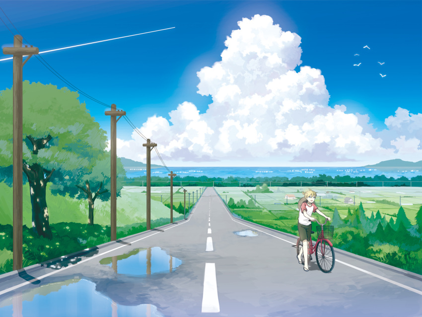 amemura amemura_(caramelo) bicycle blonde_hair cloud highres kagamine_len male outdoors power_lines road scenery scenic shorts sky solo vocaloid