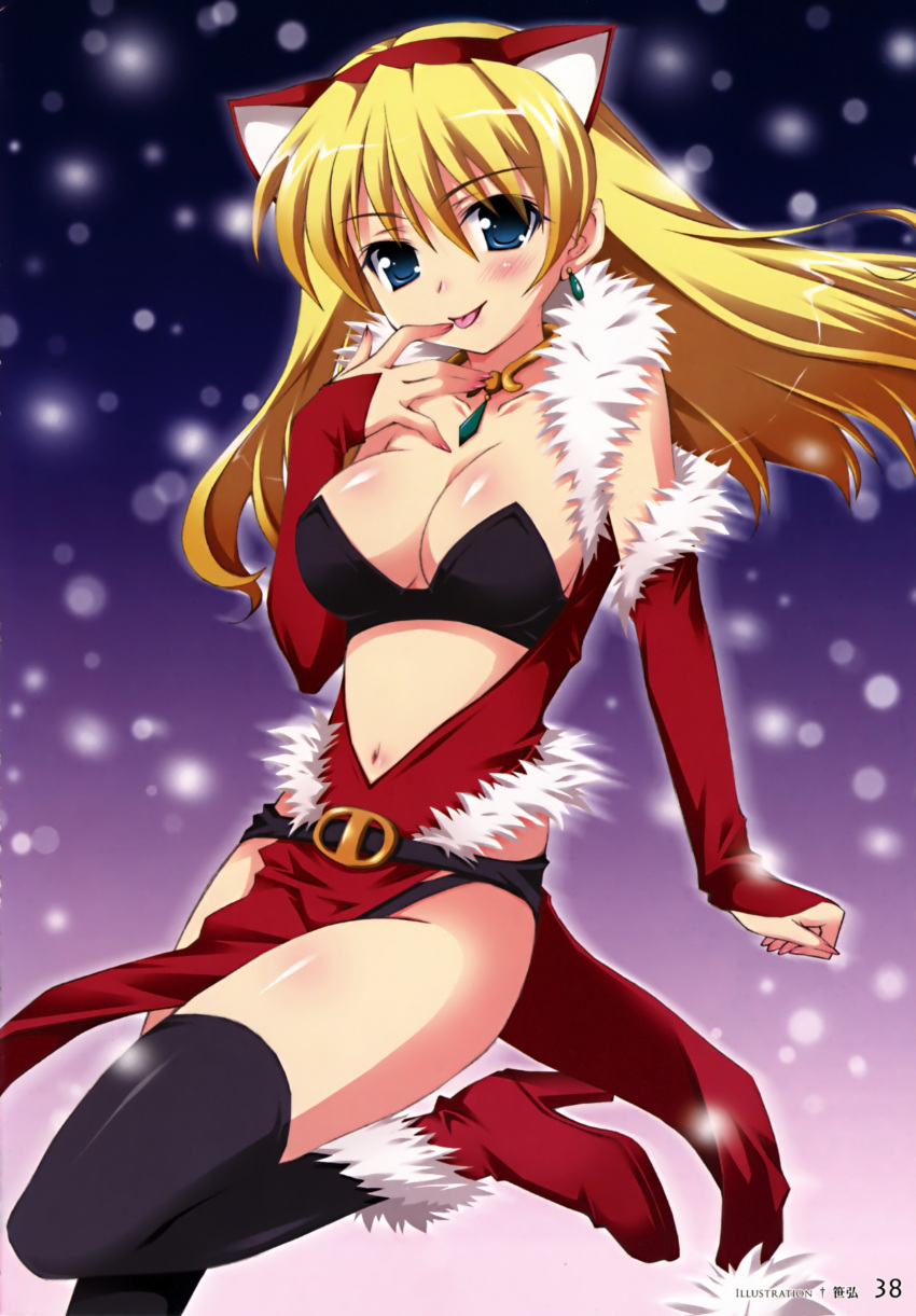 :p absurdres animal_ears aqua_eyes artist_request black_legwear blonde_hair blush breasts bustier cat_ears christmas cleavage detached_sleeves earrings elina fake_animal_ears high_heels highres jewelry large_breasts lingerie long_hair looking_at_viewer navel necklace queen's_blade queen's_blade santa_costume sasahiro shoes skindentation snow snowing solo thigh-highs thighhighs tongue tongue_out underwear
