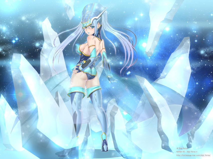 1girl adapted_costume alternate_hairstyle armlet ass back bare_shoulders blue blue_eyes blue_hair blue_legwear blue_rose_(tiger_&amp;_bunny) boots breasts earrings elbow_gloves erect_nipples fingerless_gloves from_behind gloves hand_on_hip headdress high_heels highres hips ice jewelry karina_lyle kimura_tatsuki long_hair looking_back see-through shoes sideboob solo standing superhero thigh-highs thigh_boots thighhighs tiger_&amp;_bunny twintails visor