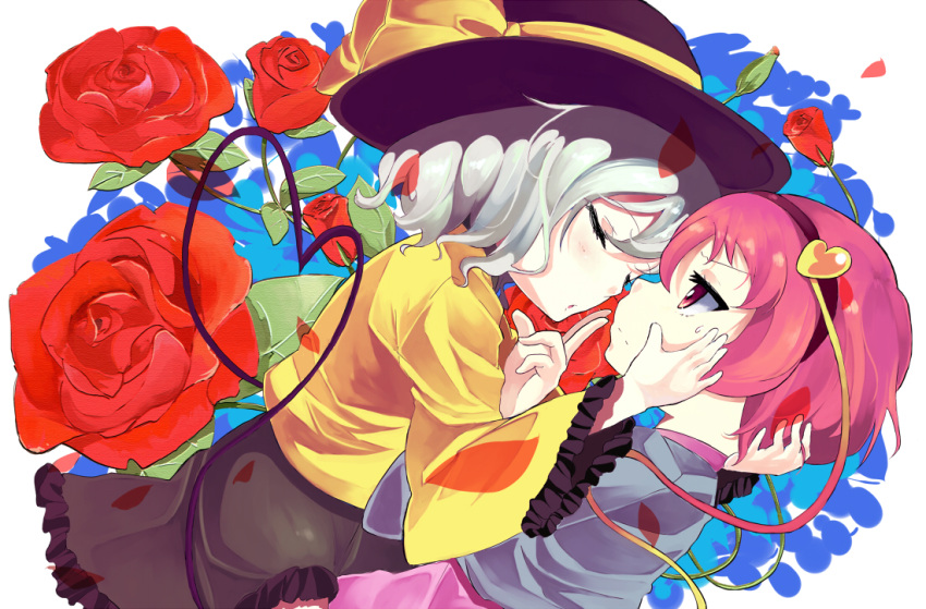 closed_eyes dutch_angle eyes_closed face-to-face face_to_face flower grey_hair hairband hand_on_another's_face hand_to_face hat heart hidejiu incest incipient_kiss komeiji_koishi komeiji_satori multiple_girls petals pink_hair rose short_hair siblings sisters sweatdrop touhou yuri