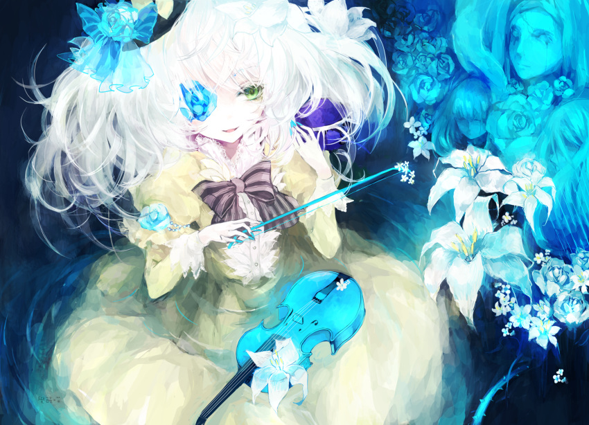 :d alternate_costume blue_rose bow bow_(instrument) buttons fingernails flower formal green_eyes hair_flower hair_ornament harp hat highres instrument komeiji_koishi lily_(flower) lolita_fashion moemoe3345 nail_polish open_mouth rose sitting smile solo striped tongue touhou twintails violin water white_hair white_rose