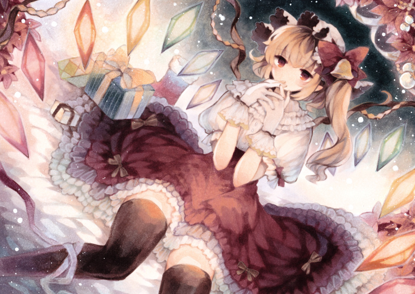 1girl bell black_legwear blonde_hair box colored_pencil_(medium) covering_mouth dutch_angle flandre_scarlet gift gift_box gloves hand_over_own_mouth hat highres light_particles long_hair marker_(medium) mob_cap petticoat puffy_short_sleeves puffy_sleeves red_eyes short_sleeves side_ponytail sitting solo thigh-highs touhou traditional_media white_gloves wings wiriam07 zettai_ryouiki