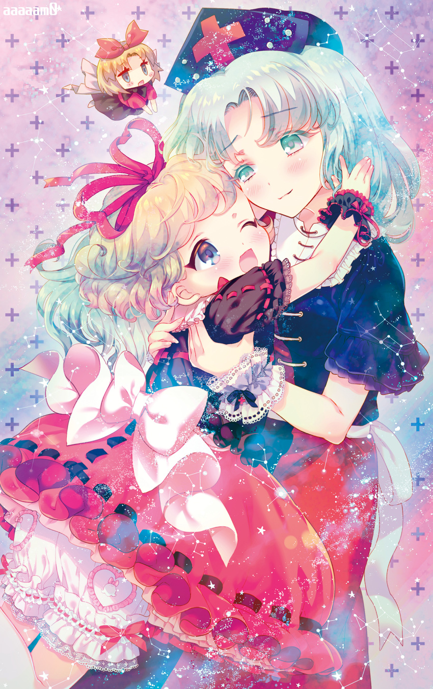 2girls ;d amo blonde_hair bloomers blue_dress blue_eyes blush bow bubble_skirt constellation doll dress eye_contact eyebrows_visible_through_hair frilled_skirt frills hair_ribbon hat highres long_hair looking_at_another medicine_melancholy multicolored_dress multiple_girls nurse_cap one_eye_closed open_mouth red_cross red_dress red_ribbon red_skirt ribbon ribbon-trimmed_skirt ribbon-trimmed_sleeves ribbon_trim sash short_hair short_sleeves silver_hair skirt smile su-san touhou underwear very_long_hair white_bow wrist_cuffs yagokoro_eirin