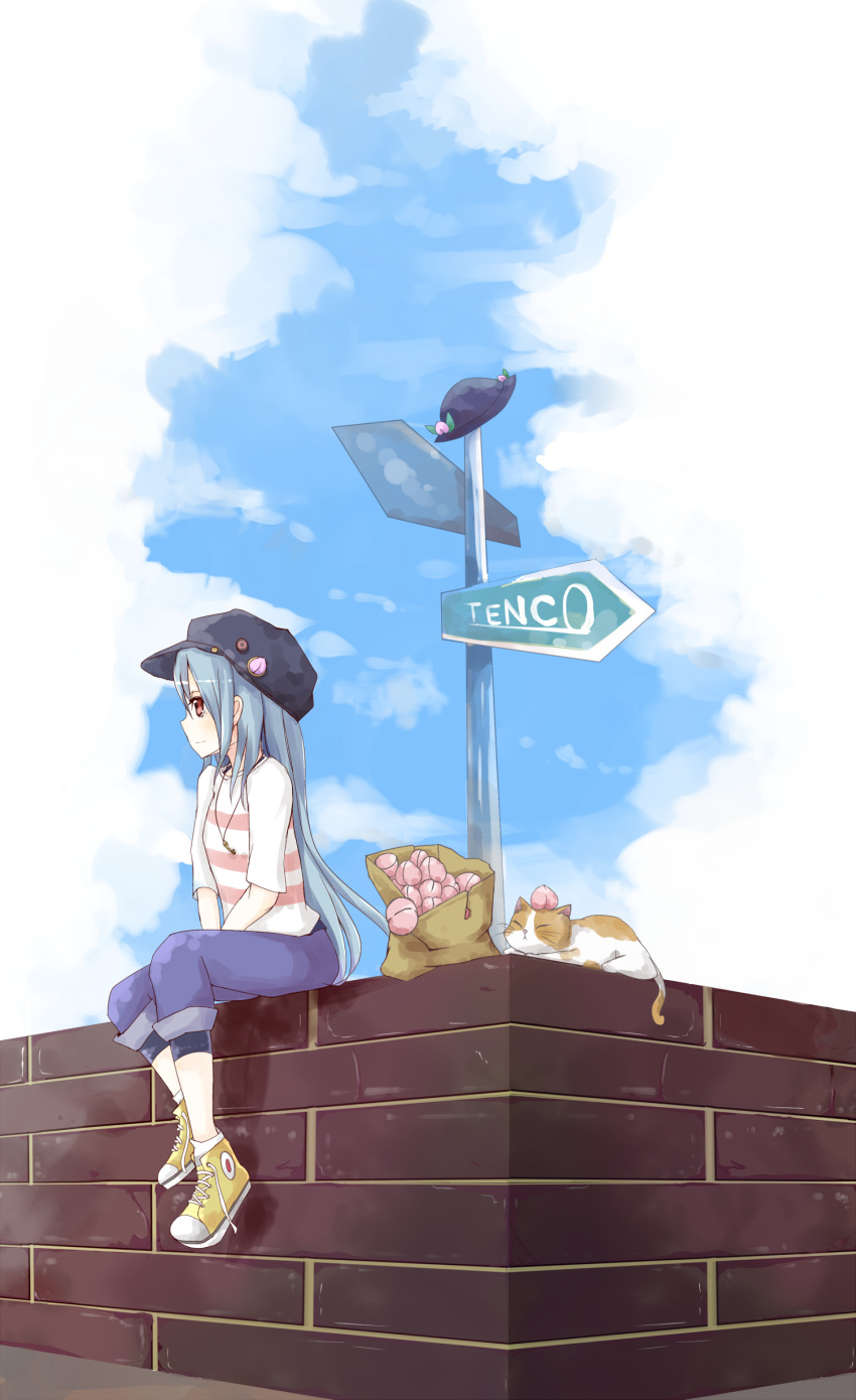 bag blue_hair cabbie_hat calico capri_pants cat cloud contemporary food footwear fruit hat highres hinanawi_tenshi jewelry key necklace pants peach red_eyes shirt shoes sign sitting sky socks soramuko striped touhou wall