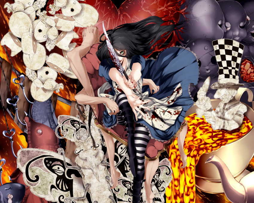 1girl alice:_madness_returns alice_(wonderland) alice_in_wonderland american_mcgee's_alice apron arms beard black_hair blood blood_on_clothes bloody_clothes boots chair checkered cup dress eyeliner facial_hair fighting_stance fingernails foreshortening green_eyes hands hat highres hook jumping kanenari knee_boots knife long_hair mad_hatter makeup melting mustache nail pantyhose plate striped striped_legwear teacup teapot top_hat