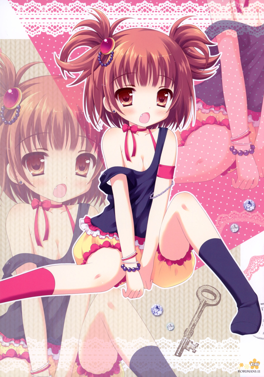 :o absurdres armband bare_shoulders black_legwear bloomers blush bow bracelet breasts brown_eyes brown_hair chain chains child choker cleavage earrings fang footwear frills gem hair_ornament highres jewelry key mismatched_legwear off_shoulder original ribbon shorts sitting socks solo tank_top tsukishima_yuuko twintails v_arms zoom_layer