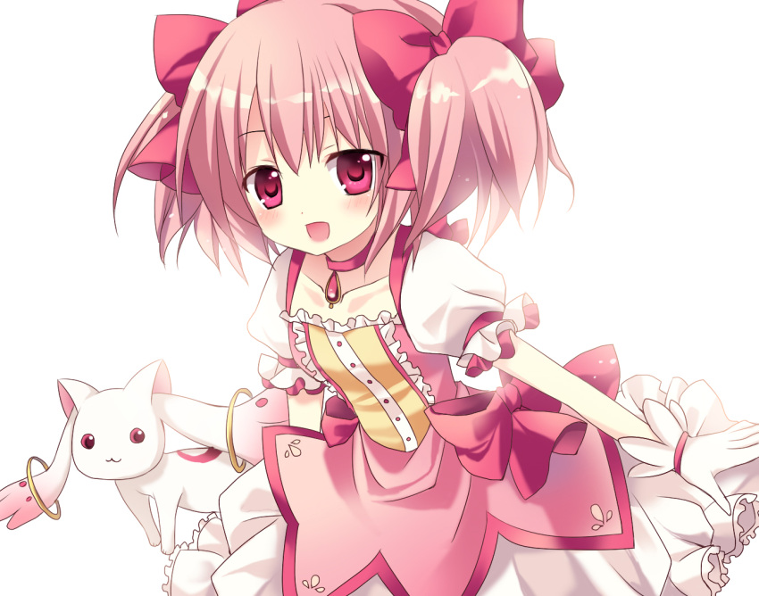 blush bow dress gloves hair_bow jewelry kaname_madoka kyubey magical_girl mahou_shoujo_madoka_magica mayo_(miyusa) necklace open_mouth pendant pink_dress pink_eyes pink_hair red_eyes smile twintails white_gloves
