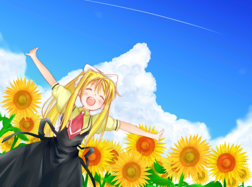 absurdres air blonde_hair closed_eyes cloud condensation_trail eyes_closed flower from_below highres kamio_misuzu long_hair outstretched_arms ponytail school_uniform sky solo spread_arms sunflower tateshina