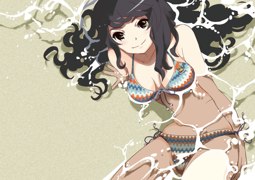 bare_shoulders beach bikini black_hair blush breasts character_request cleavage collarbone copyright_request front-tie_top long_hair looking_at_viewer otoufu partially_submerged side-tie_bikini sitting smile solo submerged swimsuit water yellow_eyes