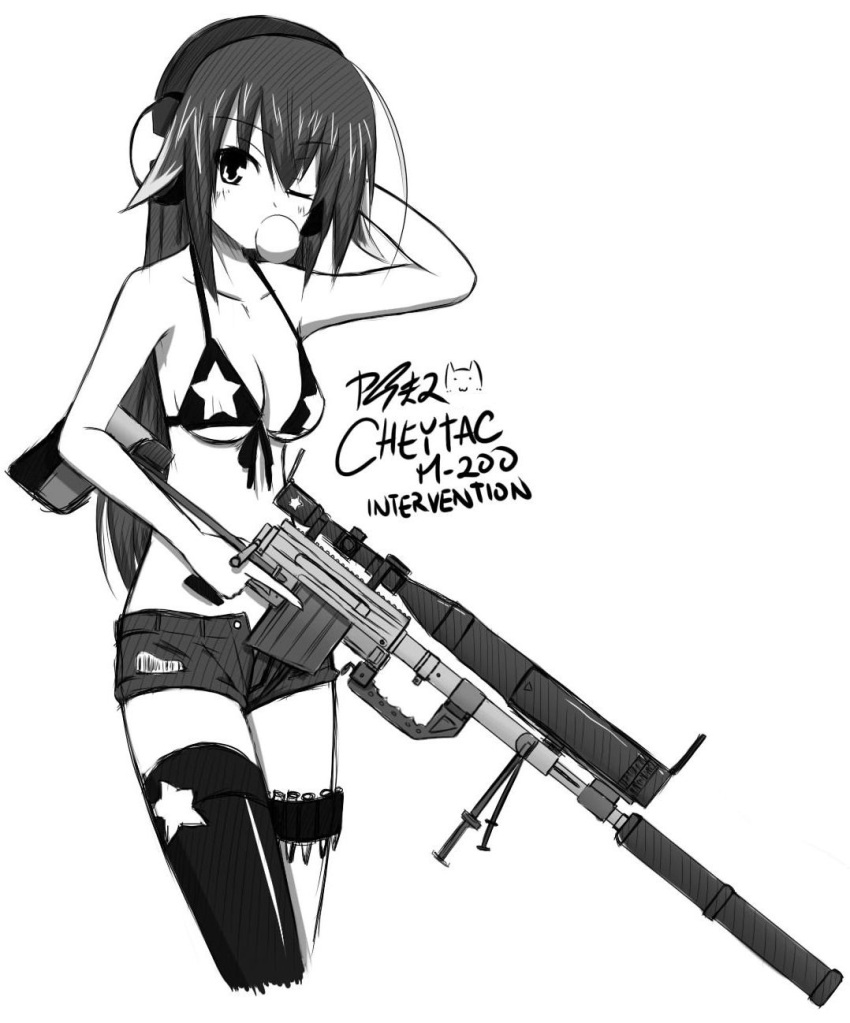 anti-material_rifle anti-materiel_rifle bikini_top bipod bolt_action breasts bubble_blowing cheytac_m200 cleavage collarbone earmuffs front-tie_top gun highres long_hair monochrome open_fly original ppshex rifle scope shorts single_thighhigh sniper_rifle solo star suppressor thigh-highs thigh_strap thighhighs trigger_discipline unzipped weapon wink