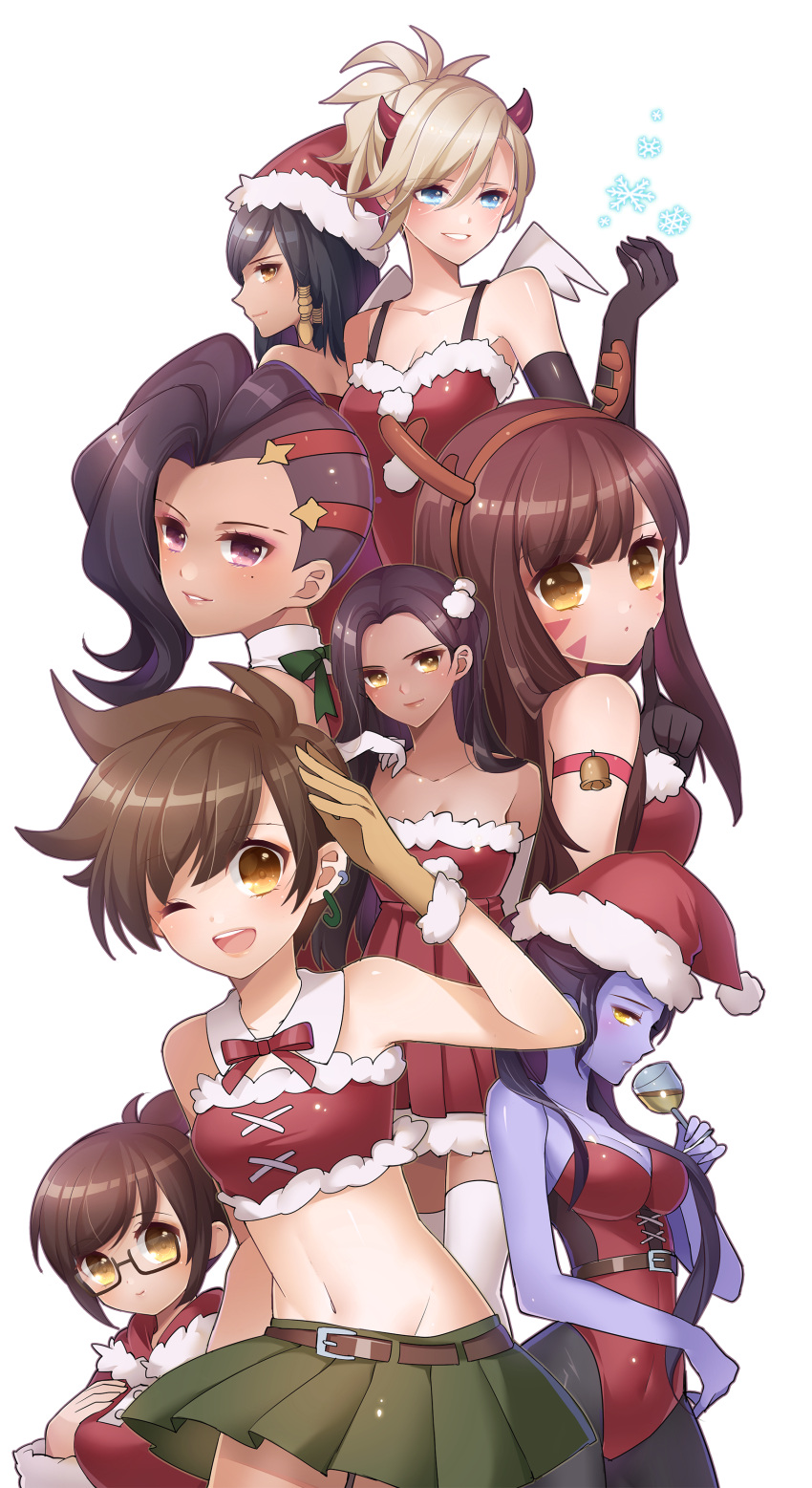 6+girls ;d absurdres ana_(overwatch) arm_ribbon asymmetrical_hair atobesakunolove bandeau bangs bare_shoulders bell belt belt_buckle black-framed_eyewear black_hair black_legwear blonde_hair blue_eyes bow braid breasts brown_eyes brown_hair buckle buttons christmas cleavage closed_mouth collarbone cross-laced_clothes cup d.va_(overwatch) dark_skin deer_ears dress drinking_glass ear_piercing elbow_gloves eye_of_horus eyebrows_visible_through_hair facepaint facial_mark facial_tattoo finger_to_mouth from_side fur_trim glasses gloves green_bow green_skirt groin hair_bun hair_tubes hairband hand_on_own_chest hand_up hat highleg highleg_leotard highres holdin_glass holding jingle_bell leotard looking_at_viewer medium_breasts mei_(overwatch) mercy_(overwatch) midriff miniskirt mole mole_under_eye multicolored_hair multiple_girls navel one_eye_closed open_mouth overwatch pantyhose parted_lips pharah_(overwatch) piercing pom_pom_(clothes) ponytail purple_hair purple_skin red_dress red_hat red_leotard ribbon santa_costume semi-rimless_glasses short_dress short_hair shushing side_braids sidelocks simple_background skirt sleeveless sleeveless_dress smile snowflakes sombra_(overwatch) spiked_hairband spikes spiky_hair strapless strapless_dress strapless_leotard swept_bangs tattoo tracer_(overwatch) two-tone_hair undercut whisker_markings white_background white_gloves white_wings widowmaker_(overwatch) wine_glass wings yellow_eyes