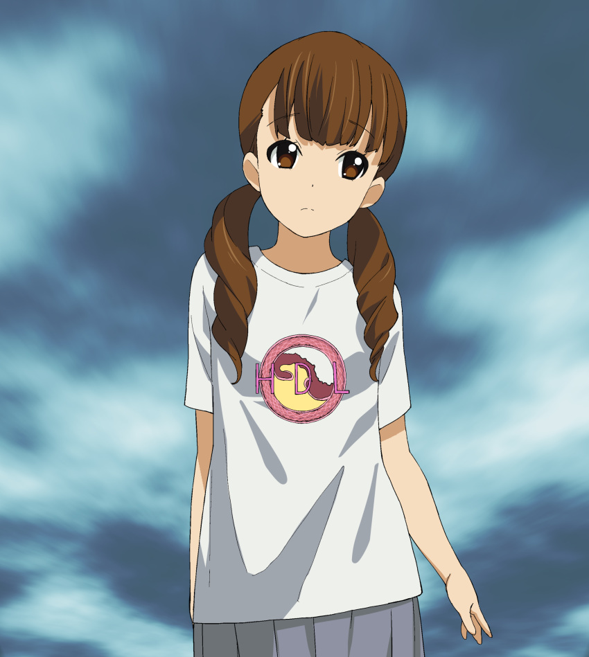 absurdres brown_eyes brown_hair clothes_writing clothing_writing extra highres k-on! long_hair looking_away skirt solo t-shirt twintails wakaouji_ichigo