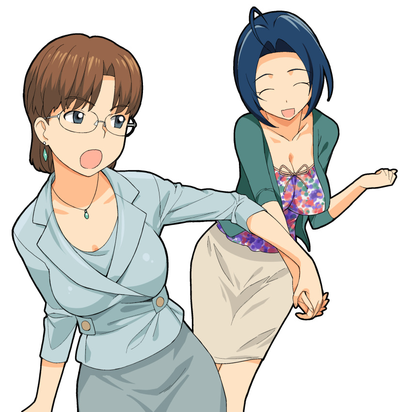 :o a1 absurdres ahoge blue_eyes blue_hair breasts brown_hair cleavage closed_eyes crossover earrings eyes_closed female formal glasses hand_holding highres holding_hands idolmaster idolmaster_2 ishida_azusa jewelry kimi_ga_nozomu_eien miura_azusa multiple_girls namesake necklace office_lady open_mouth seiyuu_connection short_hair simple_background skirt skirt_suit smile suit takahashi_chiaki