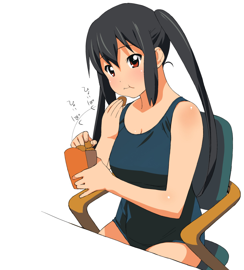 :t a1 absurdres afterimage black_hair blush body_blush brown_eyes chair eating high_res highres initial-g k-on! long_hair mizugi nakano_azusa simple_background sitting solo swimsuit twintails