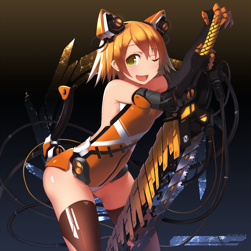 ;d animal_ears arched_back bad_id bare_shoulders black_legwear blonde_hair blush bodysuit brown_hair cable chainsaw elbow_gloves fang gloves highres looking_at_viewer mecha_musume open_mouth original robot_ears short_hair smile solo sword tail thigh-highs thighhighs weapon wink yellow_eyes zenn