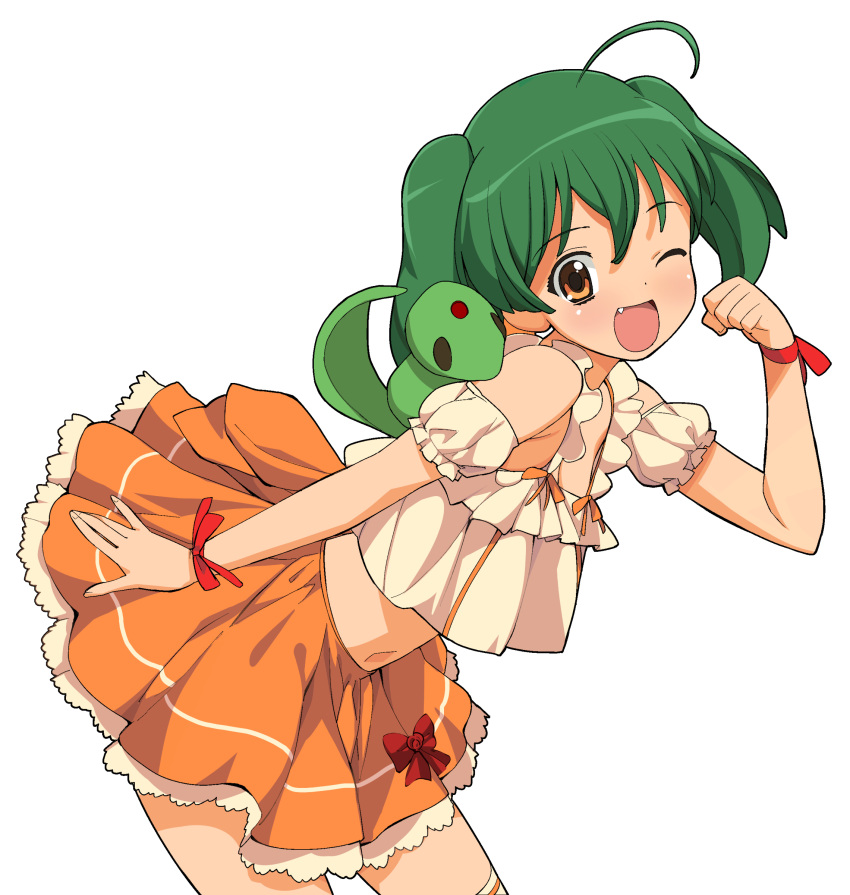 a1 absurdres ahoge ai-kun alien bare_shoulders blush brown_eyes clenched_hand fang fist green_hair highres leaning_forward macross macross_frontier midriff open_mouth ranka_lee ribbon short_hair short_twintails simple_background skirt smile twintails vajra wink