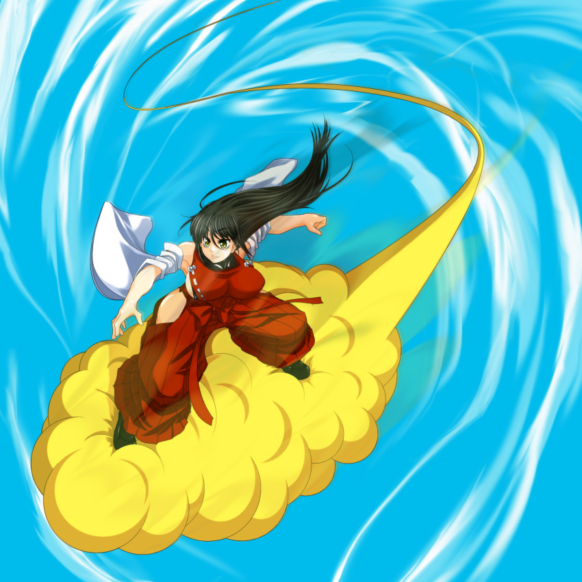 1girl ahoge black_hair blue_sky boots breasts clouds detached_sleeves dragon_ball flying hakama highres huge_ahoge huge_breasts japanese_clothes kintoun leotard long_hair m.u.g.e.n motion_lines nontraditional_miko nyoibo original parody riding sendai_hakurei_no_miko sideboob sky smile solo touhou very_long_hair yellow_eyes yo-rindou