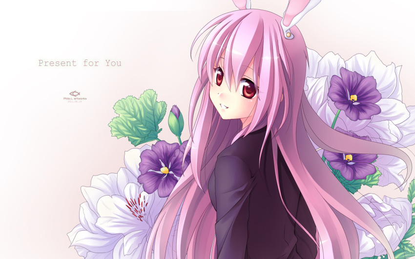 animal_ears bad_id blazer bunny_ears bust dress_shirt floral_background flower highres long_hair looking_back necktie parted_lips philomelalilium pink_hair purple_hair red_eyes reisen_udongein_inaba skirt smile solo touhou wallpaper