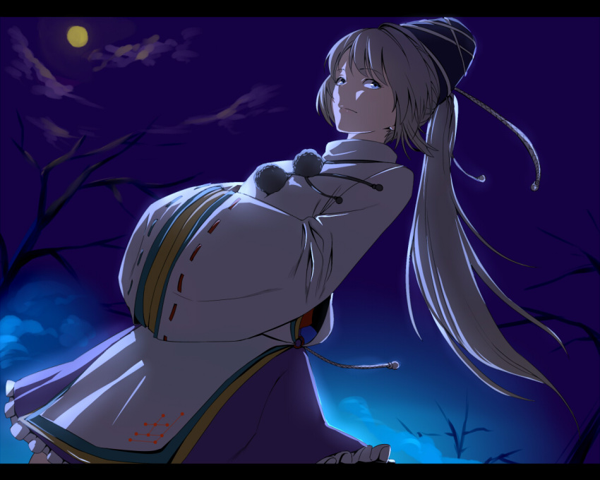 ant_of_spirit bare_tree blue_eyes dutch_angle face full_moon hands_in_sleeves hat japanese_clothes kariginu letterboxed long_hair mononobe_no_futo moon night ponytail silver_hair skirt sky solo tate_eboshi touhou tree wide_sleeves