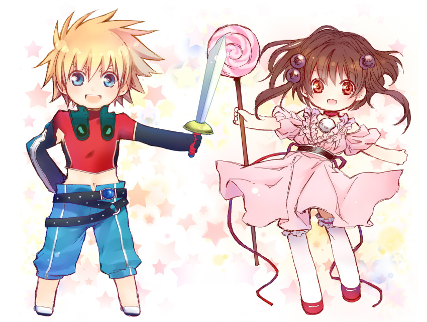 1girl bad_id blonde_hair blue_eyes brown_eyes brown_hair candy choker dress gloves hair_ornament hairpin hand_on_hip highres hips kyle_dunamis lollipop midriff pants reala shoes short_hair smile spiked_hair spiky_hair star starry_background sword tales_of_(series) tales_of_destiny_2 teiruzuta thigh-highs thighhighs weapon white_background white_legwear