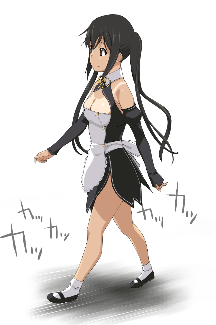 a1 absurdres apron bare_shoulders black_hair breasts bridal_gauntlets brown_eyes cleavage cleavage_cutout cosplay dream_c_club footwear highres k-on! long_hair mary_janes medium_breasts nakano_azusa setsu_(dream_c_club) setsu_(dream_c_club)_(cosplay) shoes simple_background smile socks solo tan tanline twintails walking white_legwear