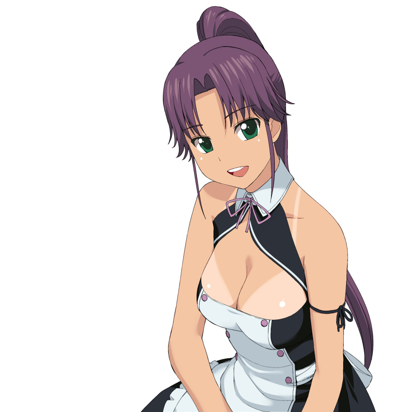 a1 absurdres apron arm_ribbon asuka_(dream_c_club_zero) bare_shoulders breasts cleavage dream_c_club green_eyes highres long_hair open_mouth ponytail purple_hair ribbon simple_background smile solo tan tanline