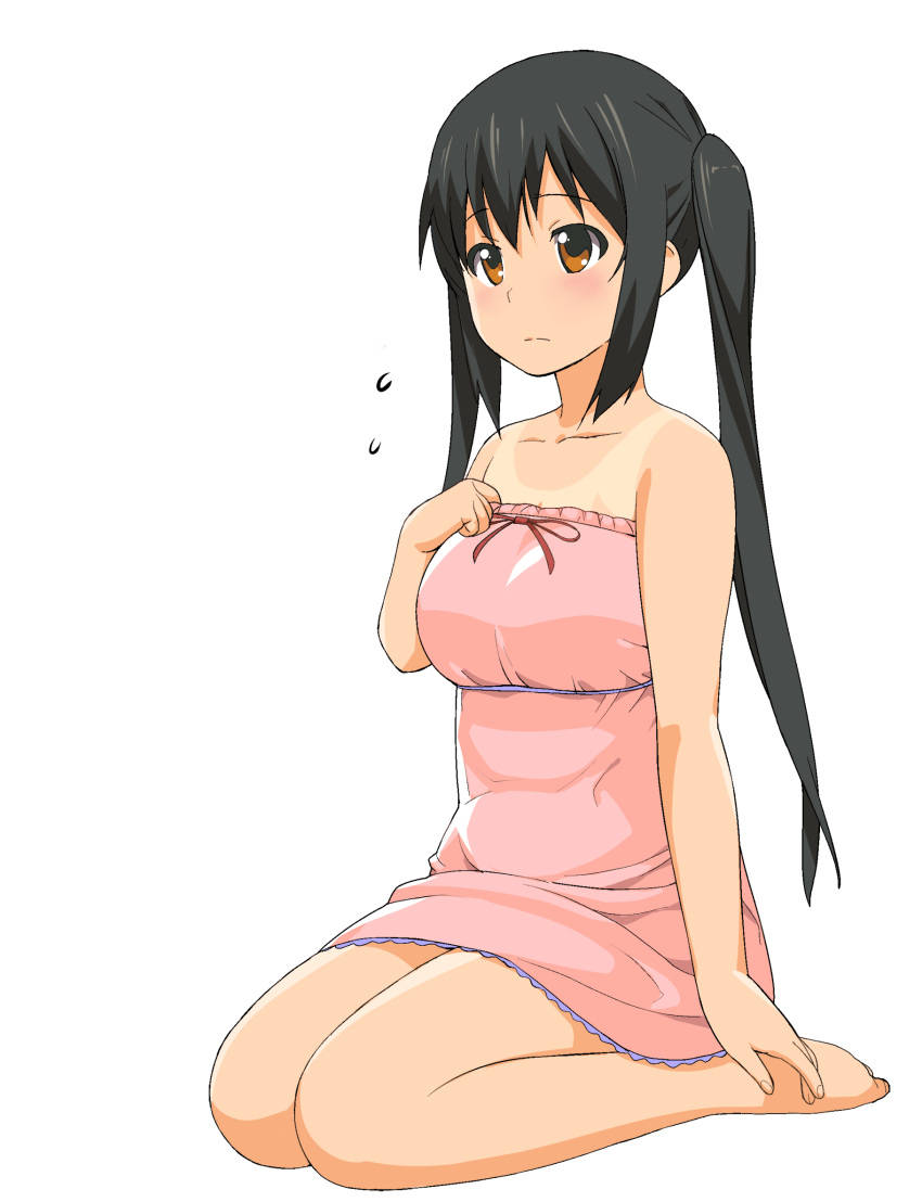 a1 bad_feet bare_shoulders barefoot black_hair blush breasts brown_eyes dark_skin dress face feet high_res highres initial-g k-on! kneeling long_hair nakano_azusa oppai seiza simple_background sitting solo sweat sweatdrop tan tanline tanlines tanned twintails