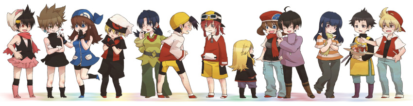 6+boys ahoge anger_vein annoyed bandana bandanna belt bike_shorts blue_(pokemon) blue_(pokemon)_(cosplay) brown_hair cosplay costume_switch crossdressinging crystal_(pokemon) crystal_(pokemon)_(cosplay) diamond_(pokemon) diamond_(pokemon)_(cosplay) earrings emerald_(pokemon) emerald_(pokemon)_(cosplay) food full_body gold_(pokemon) gold_(pokemon)_(cosplay) hair_brush hair_ornament hairclip hat hat_removed headwear_removed heart highres jewelry long_hair long_image multiple_boys multiple_girls no_hat no_headwear odamaki_sapphire odamaki_sapphire_(cosplay) ookido_green ookido_green_(cosplay) pearl_(pokemon) pearl_(pokemon)_(cosplay) platinum_berlitz platinum_berlitz_(cosplay) pokemon pokemon_blue pokemon_crystal pokemon_diamond_and_pearl pokemon_dppt pokemon_emerald pokemon_gold_and_silver pokemon_gsc pokemon_red_and_green pokemon_rgby pokemon_rse pokemon_ruby_and_sapphire pokemon_special pokemon_yellow red_(pokemon) red_(pokemon)_(cosplay) ruby_(pokemon) ruby_(pokemon)_(cosplay) sapphire_(pokemon)_(cosplay) scar scarf silver_(pokemon) silver_(pokemon)_(cosplay) simple_background skirt straw_hat twintails umeco_0516 umeko_(0516) wide_image yellow_(pokemon) yellow_(pokemon)_(cosplay)
