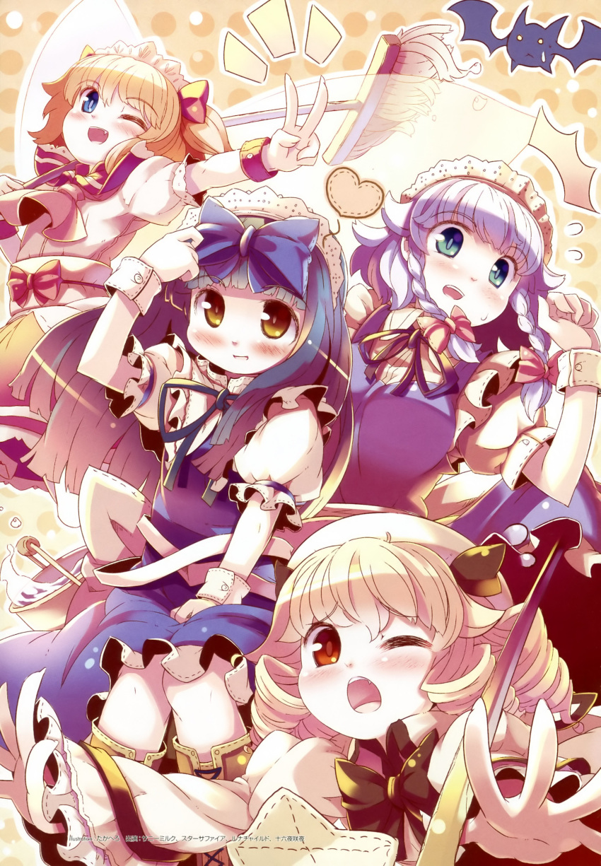 ;d ;o absurdres ascot bat blonde_hair blue_eyes blue_hair blush boots bow braid brown_eyes bucket cross-laced_footwear dress drill_hair fang headdress highres izayoi_sakuya knee_boots long_hair luna_child maid maid_headdress mop multiple_girls open_mouth outstretched_arm outstretched_arms red_eyes ribbon short_hair short_twintails silver_hair sitting smile star_sapphire sunny_milk takahero touhou twin_braids twintails v wink wrist_cuffs wristband