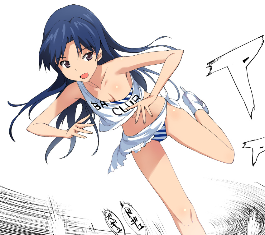 :d a1 bare_shoulders bikini black_eyes blue_hair breasts cleavage highres ice_skates idolmaster kisaragi_chihaya leg_up long_hair midriff open_mouth sarong simple_background skates smile solo striped swimsuit