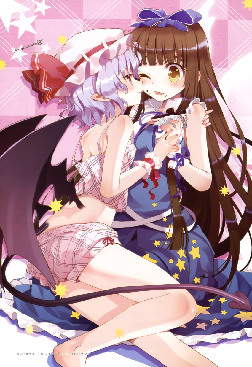 :p absurdres back bare_legs bat_wings black_hair black_wings blue_hair blush bow brown_hair cake camisole chiba_sadoru demon_tail dress food food_on_face hair_bow heart heart_tail highres licking long_hair multiple_girls nail_polish pajamas panties plaid pointy_ears red_eyes remilia_scarlet short_hair shorts star_sapphire tail tongue touhou underwear underwear_only wings wink wrist_cuffs yellow_eyes yuri