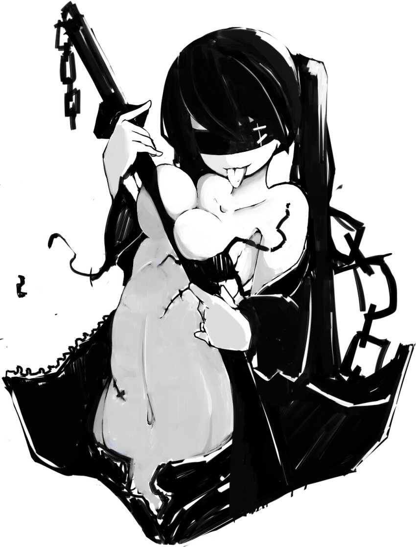 :p bad_id black_hair black_rock_shooter black_rock_shooter_(character) blindfold breasts gokinyan highres katana long_hair monochrome navel scar simple_background smile solo sword tongue topless twintails unzipped weapon