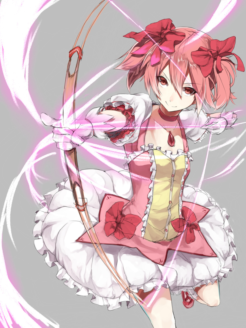 bow bow_(weapon) choker dress frills gem gloves hair_ribbon high_res highres kame^^ kaname_madoka magical_girl mahou_shoujo_madoka_magica pink_eyes pink_hair pointing ribbon short_hair short_twintails smile solo twintails weapon white_gloves