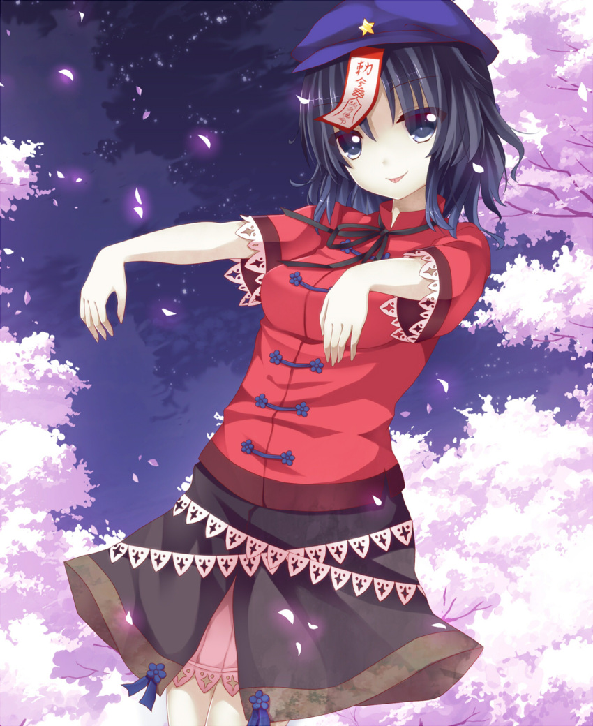 :p bad_id beret blue_eyes blue_hair cherry_blossoms geung_si hat highres ikeda_hazuki jiangshi miyako_yoshika night ofuda outstretched_arms pale_skin petals shirt skirt sky smile solo star star_(sky) tongue tongue_out touhou translucent tree zombie_pose