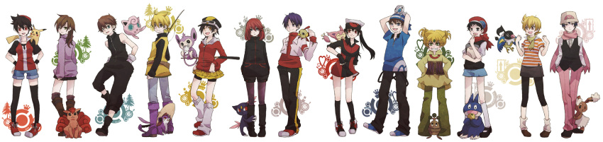 6+girls aipom aron bandana blue_(pokemon) bonsly brown_hair buneary character_name chatot crystal_(pokemon) cue_stick diamond_(pokemon) eating emerald_(pokemon) fishing_rod full_body genderswap gold_(pokemon) hat hat_removed headwear_removed highres jigglypuff long_hair long_image multiple_boys multiple_girls munchlax natu no_hat no_headwear odamaki_sapphire ookido_green pearl_(pokemon) pikachu platinum_berlitz pokemon pokemon_blue pokemon_crystal pokemon_diamond_and_pearl pokemon_dppt pokemon_emerald pokemon_gold_and_silver pokemon_gsc pokemon_red_and_green pokemon_rgby pokemon_rse pokemon_ruby_and_sapphire pokemon_special pokemon_yellow rattata red_(pokemon) ruby_(pokemon) scarf short_hair silver_(pokemon) skirt skitty sneasel standing straw_hat umeco_0516 umeko_(0516) vulpix wide_image yellow_(pokemon)