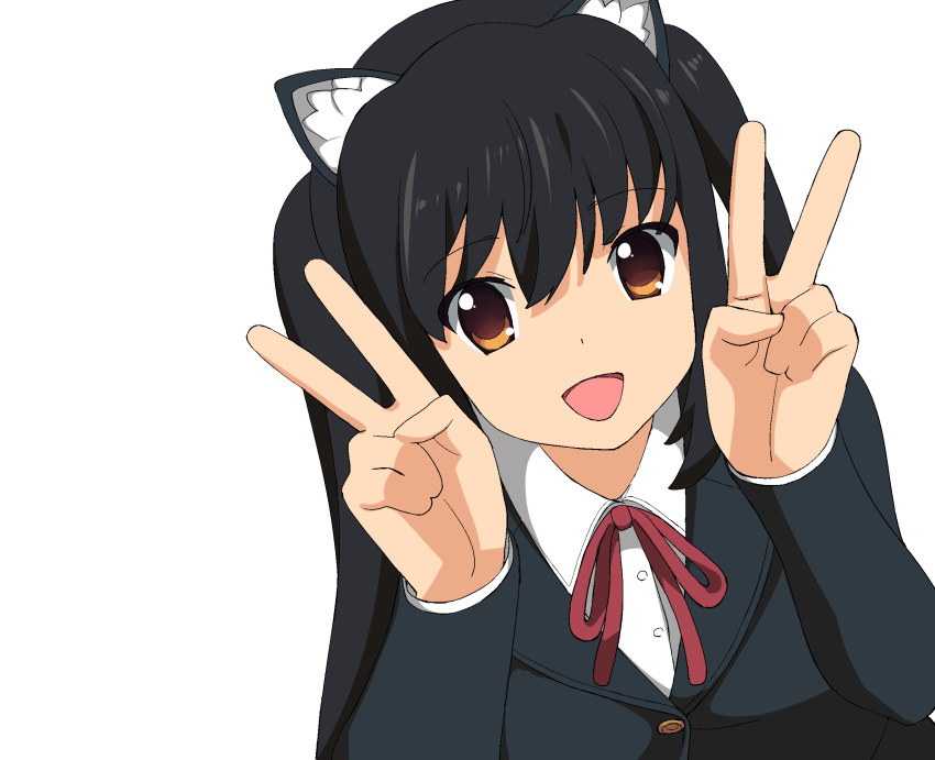 :d a1 animal_ears black_hair blazer brown_eyes bust cat_ears double_v highres k-on! long_hair nakano_azusa open_mouth ribbon school_uniform simple_background smile solo twintails v