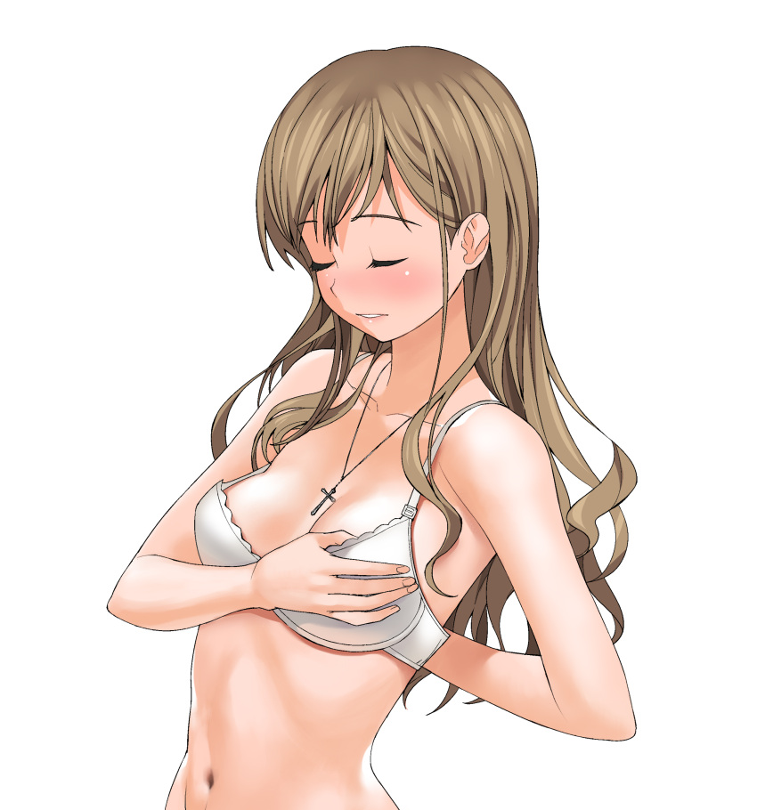 absurdres adjusting_bra bangs blush bra breasts brown_hair bust cleavage closed_eyes collarbone cross eyes_closed face hands highres jewelry lingerie long_hair maria-sama_ga_miteru navel necklace simple_background solo toudou_shimako underwear undressing