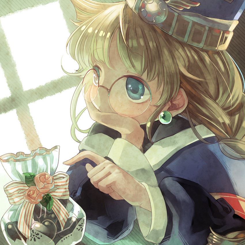 brown_eyes cafe_artful character_request chocolates copyright_request earring earrings eternal_heroes freckles glasses hat hayasaka jewelry rance_(series) solo