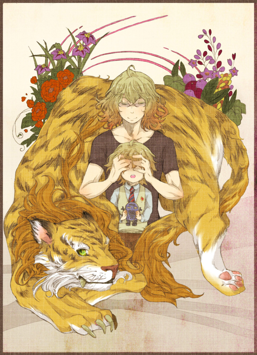 barnaby_brooks_jr blonde_hair bunny child closed_eyes cocohore covering covering_eyes covering_face dual_persona eyes_closed flower glasses highres male multiple_boys necktie short_hair t-shirt tiger tiger_&amp;_bunny time_paradox toy_robot vest young