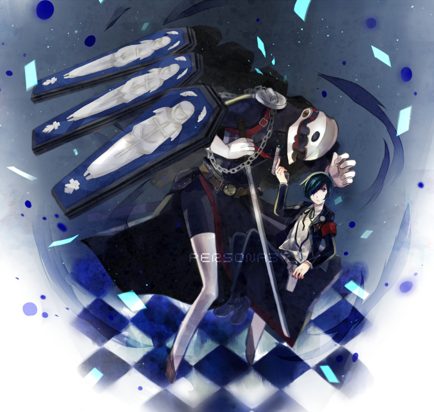 armband blue_eyes blue_hair chain checkered checkered_floor evoker gun hair_over_one_eye high_res highres male mentaishi persona persona_3 sword thanatos weapon