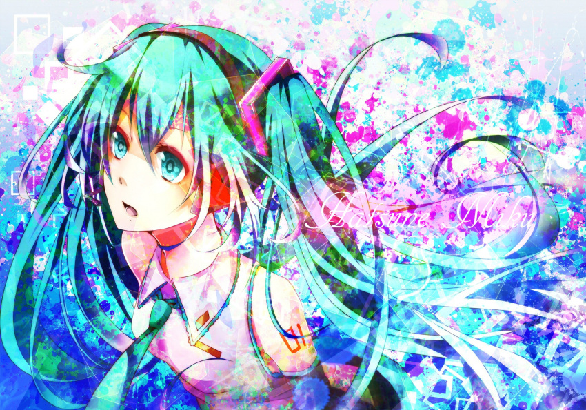 abstract aqua_eyes aqua_hair detached_sleeves female hatsune_miku headset highres long_hair necktie nou open_mouth solo twintails vocaloid