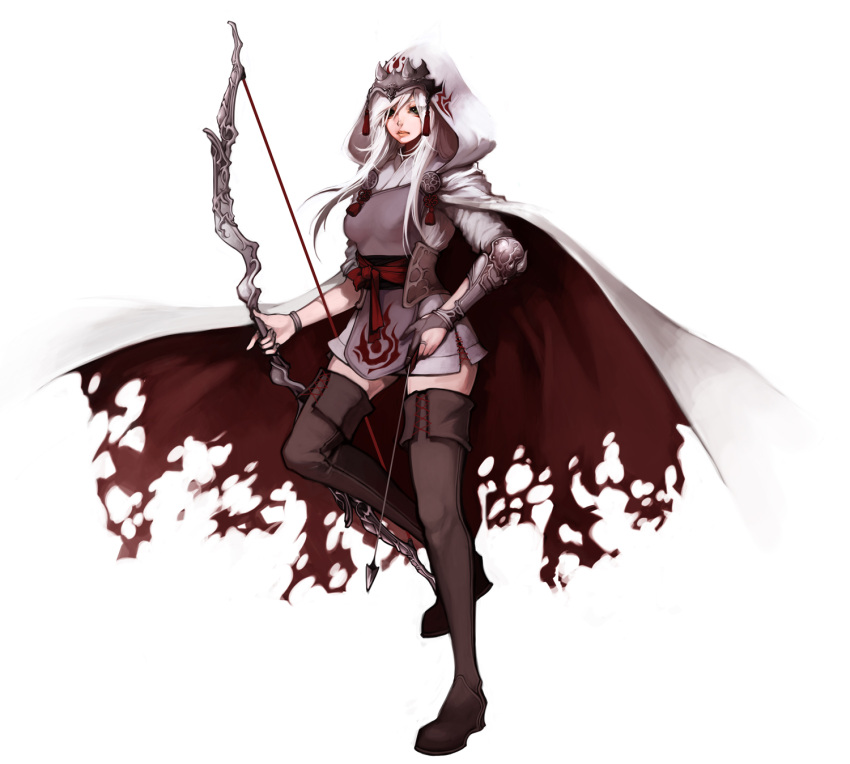 arm_guard arm_guards arrow ashe_(league_of_legends) boots bow_(weapon) bracelet cape green_eyes highres hood jewelry league_of_legends long_hair na_young_lee ring solo thigh-highs thigh_boots thighhighs torn_cape weapon white_hair zettai_ryouiki